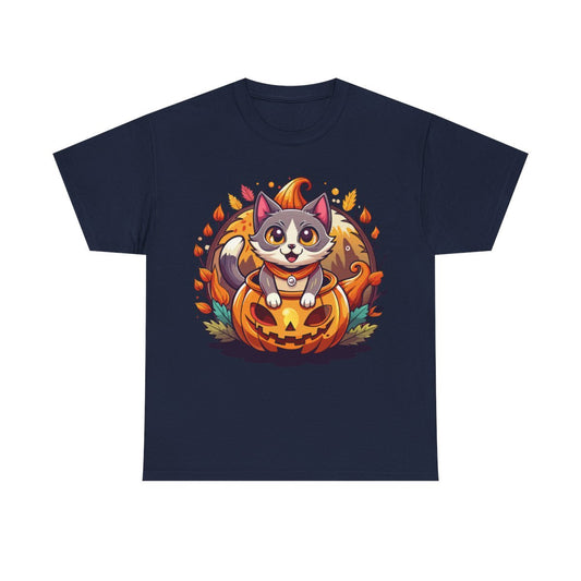 Navy Pumpkin Cat Tee - MindPrinter